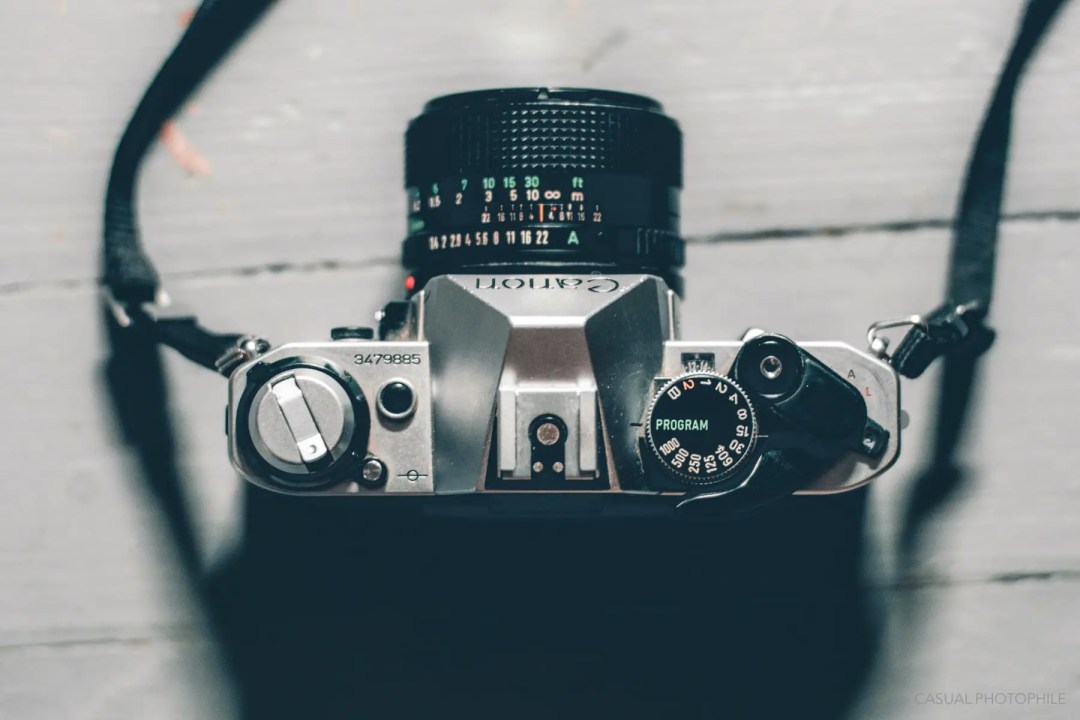 Canon AE-1 Program 35mm Film SLR Camera Top View of controls.